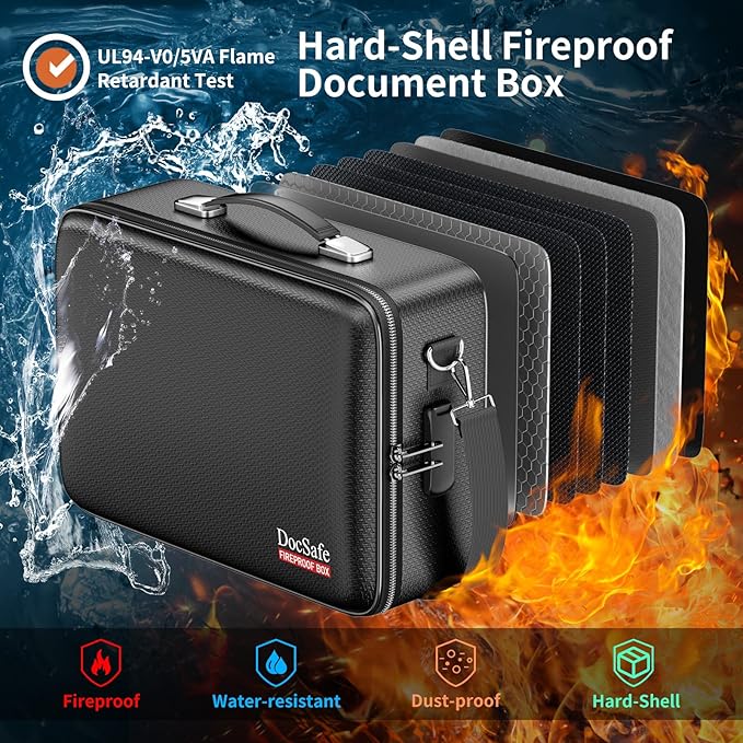 DocSafe Fireproof Document Box Hard Case with Lock ＆ Accordion File Folder | Fire and Water Resistant Safe Box,File Organizer,Multi-Pocket,Home Office Travel Storage for Important Document,Laptop,Black