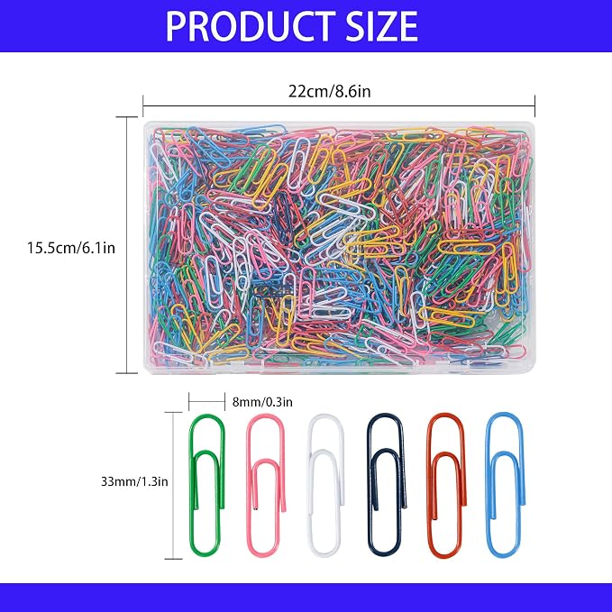 Paper Clips, 600Pcs Medium Paperclips for Office School & Personal Use, Daily DIY, 1-2/7" Colored Heavy Duty Ideal for Bookmark