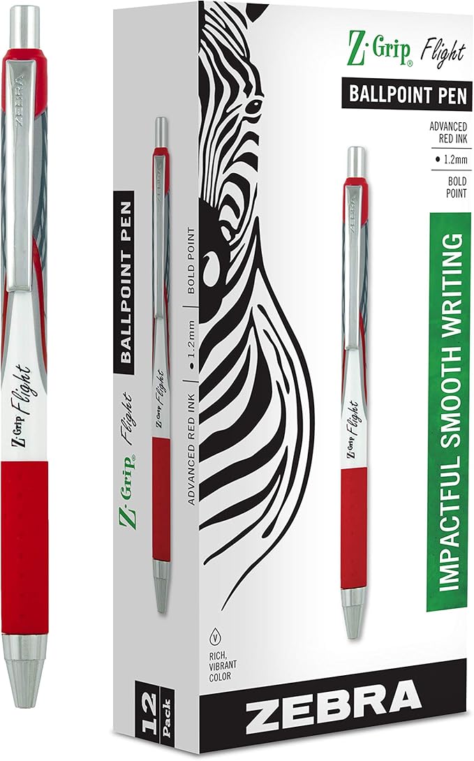 Zebra Pen Z-Grip Flight Retractable Ballpoint Pen, Bold Point 1.2mm, Red Ink, School Supplies, Teacher Supplies, and Office Supplies, Smooth Writing, Quick-Drying, 12-Pack (21930)