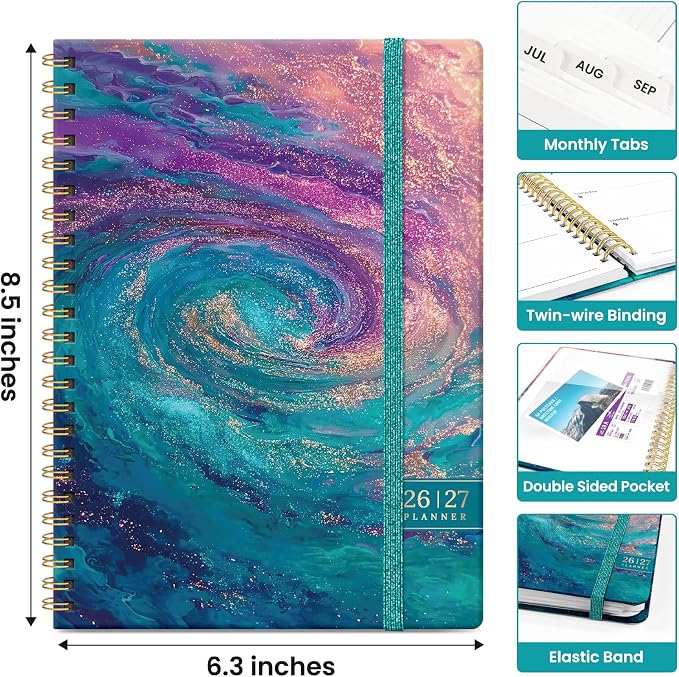 Planner 2026-2027, Academic Year Monthly and Weekly Calendar Planner, Jul 2026 - Jun 2027, Hardcover Teacher Student Planning Agenda book with Tabs, Perfect for School Office Supplies, 6.3" x 8.5" - Galaxy Flow