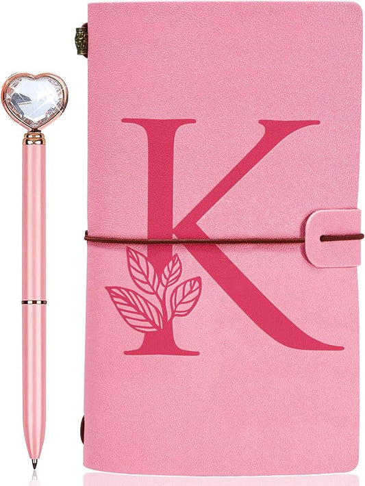 Personalized Journal Gift-Pink Initial Leather Journal+Heart Diamond Pen Set,Travel Notebook Diary Gifts,Refillable Notepads,Christmas,Birthday Gifts for Women Girls (7.9"x4.7") (K)