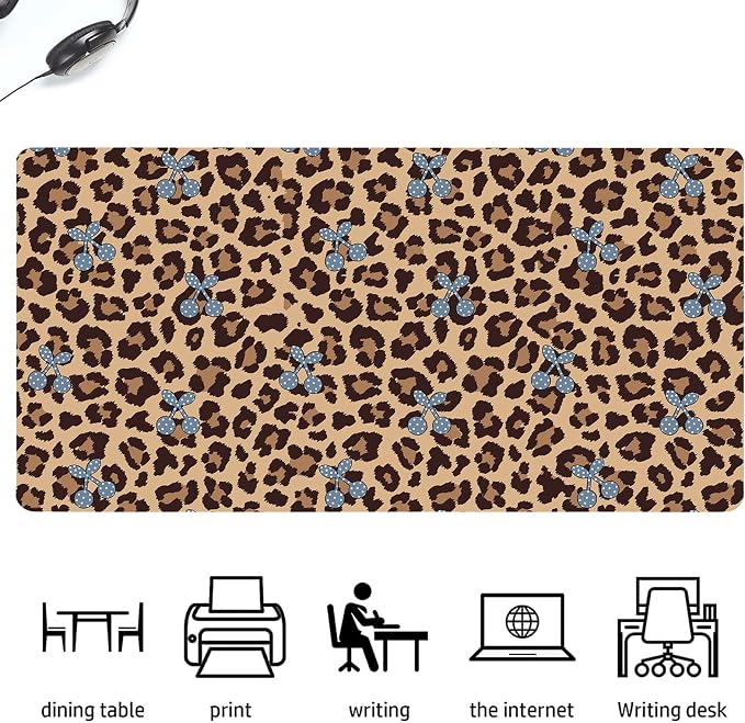 Cherry Leopard Print Leather Desk Mat Extended Gaming Mouse Pad | Non-slip Large Writing Pad Laptop Blotter Computer Keyboard Mat | Cute Brown Desk Protector for Home Office 27.6" x 13.8"