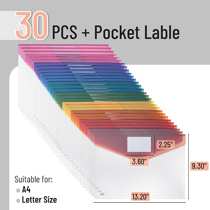 Mr. Pen- Clear Plastic Envelopes File Folders, 30 Pack, A4, Letter Size | Colorful Flaps, Bulk Clear Folders for Documents Plastic Poly Envelopes with Label for School, Home, Work, Office, Organizer