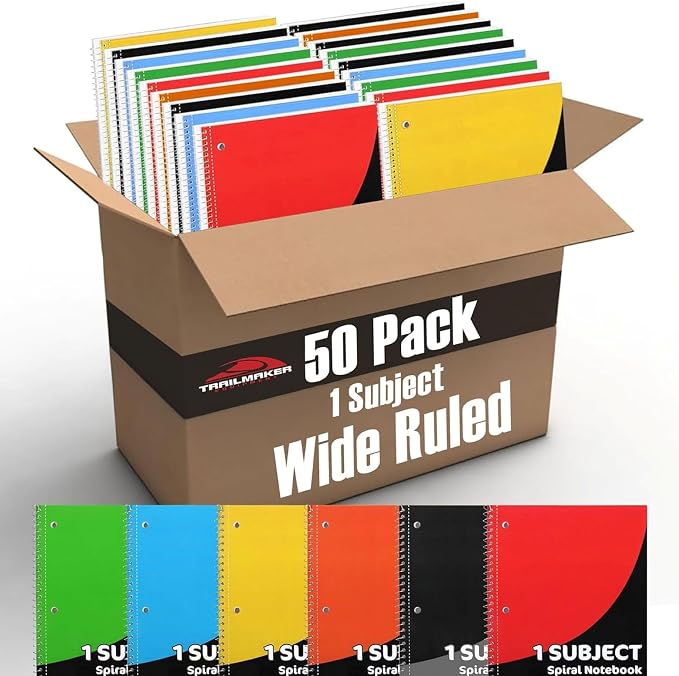 Trail maker Bulk Notebooks (50 Pack), One Subject Notebooks Wide Ruled, 140 Pages (70 Sheets),Spiral Bulk Notebooks for Kids, School Supplies, Journaling, Note Taking, Students, and Work