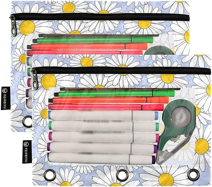 Gredecor Binder Pencil Pouch 3 Ring Pastel Blue Daisy Flowers Zipper Pencil Pouches Case 2 Pack Clear Binder Organizer for School Office