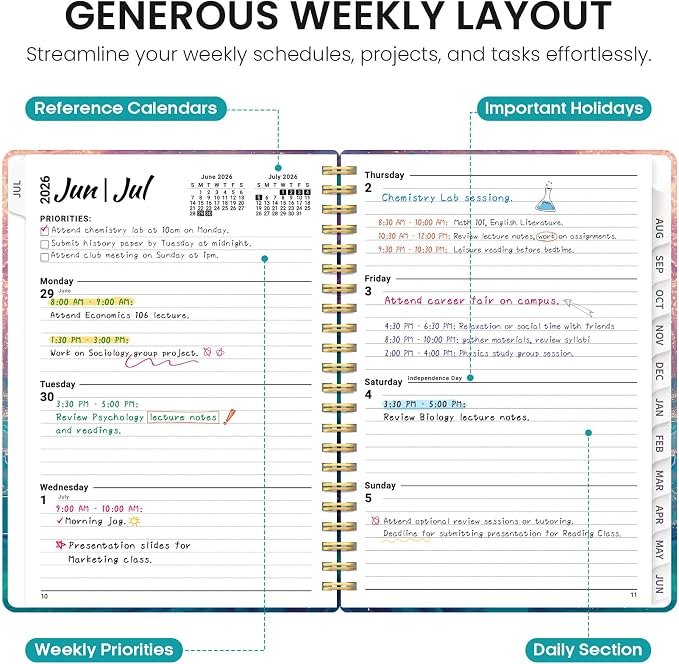 Planner 2026-2027, Academic Year Monthly and Weekly Calendar Planner, Jul 2026 - Jun 2027, Hardcover Teacher Student Planning Agenda book with Tabs, Perfect for School Office Supplies, 6.3" x 8.5" - Galaxy Flow