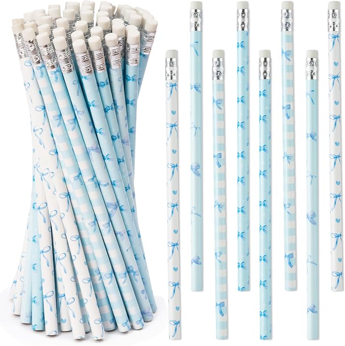 Xqumoi Coquette Blue Bow Pencils with Eraser - Preppy Bow #2 HB Pencils, Classroom Student Rewards, School Office Supply, Party Goodie Bag Fillers Stuffers, Baby Shower Party Favors