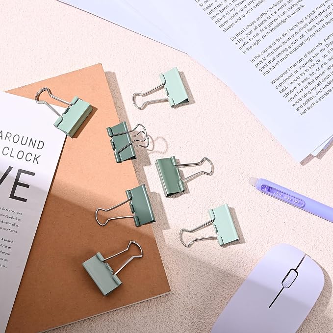 Temiary Aesthetic Binder Clips, Large Metal Binder Clip with Clear Storage Container, Binding Paperwork Clamps for School Teachers Office Supplies (Green 1.6 Inch, 24P)