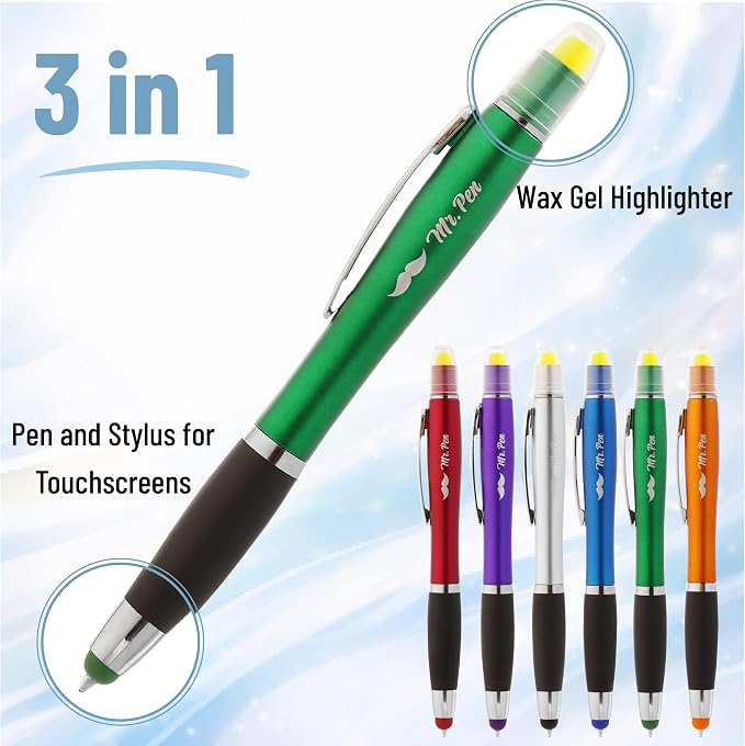Mr. Pen- Bible Highlighter with Pen and Stylus for Touchscreens, 3 in 1 | 6 Pack, Colorful Barrels, Black Ink Ballpoint Ink Pens, Yellow Wax Gel Highlighters