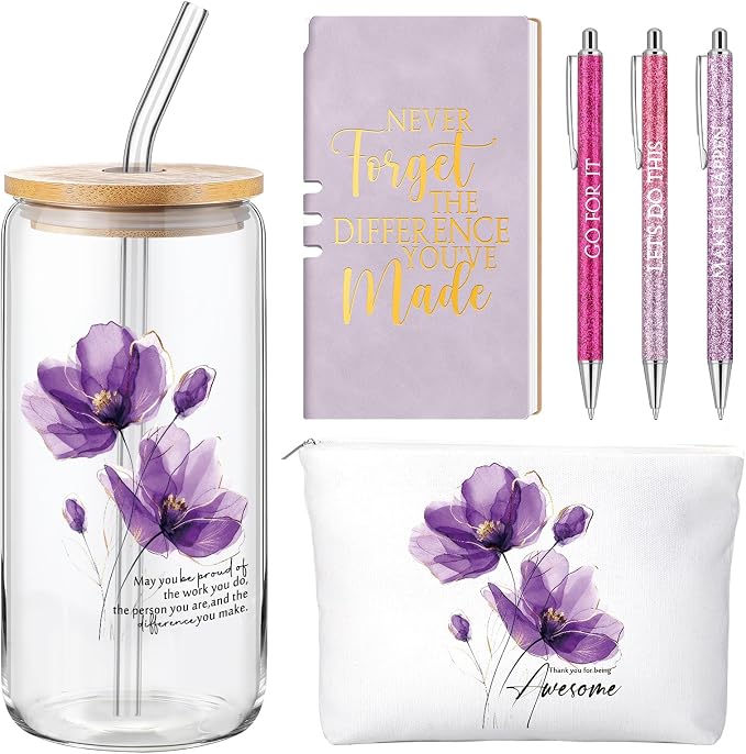 Funnymoom 6 Pcs Appreciation Gifts Set for Women Back to School Teacher Gifts Employee Thank You Gift with 17 oz Glass Tumbler Journal Pens and Pouch for Coworkers Educators,Floral,Purple