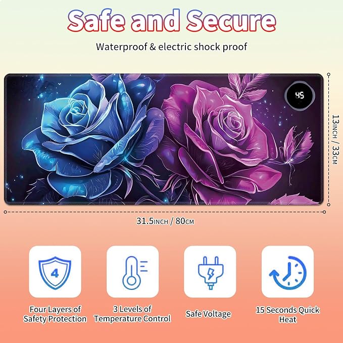 Heated Desk Pad Large Mouse Pad 31.5 x 13 inch with 3 Levels Heating & Auto Shut-Off Warm Mouse pad PU Leather Computer Mousepad for Home Office Work - Blue and Purple Rose Flower
