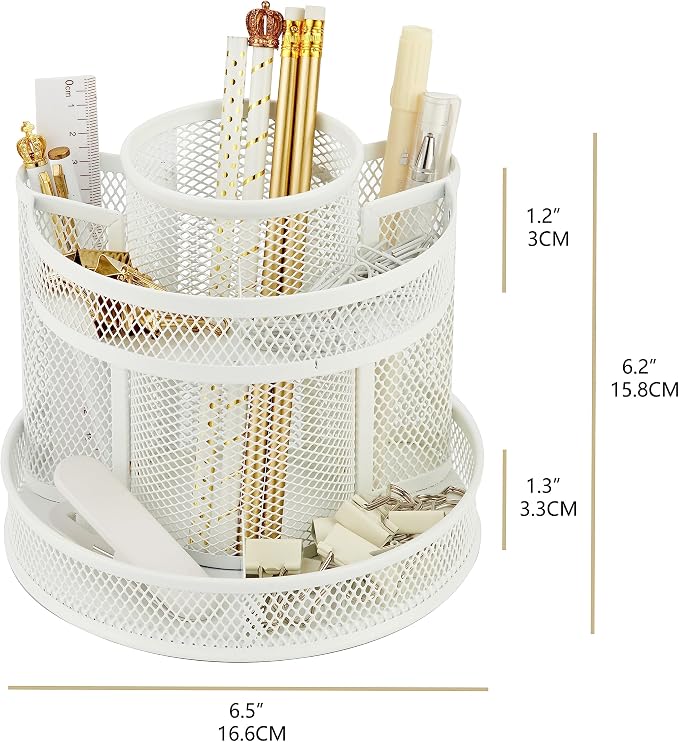 Annova Mesh Desk Organizer Rotate with 6 Compartments Round Spinning Tidy Candy/Pen Holder Desk Accessories Office, Art Supply, Storage, Classroom, Home (White)