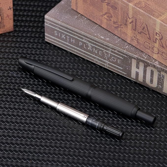 Jinhao 10 Press Fountain Pen with Box, Matt Black Chromium Retractable Extra Fine Nib with Ink Converter Set (Clip Version)