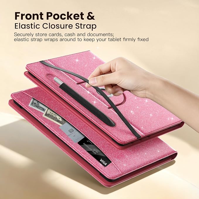 MoKo for Universal 11 inch Android Tablet Case with Pen Holder, Shiny Pink | Fits All 9.6-11 inch Tablets, Slim 360 Degree Rotating Cover, Multi-Angle Stand, Front Pocket, No fit iPad/NO back opening