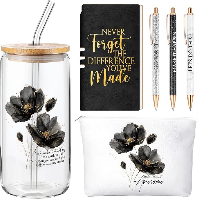 Funnymoom 6 Pcs Appreciation Gifts Set for Women Back to School Teacher Gifts Employee Thank You Gift with 17 oz Glass Tumbler Journal Pens and Pouch for Coworkers Educators,Floral,Black