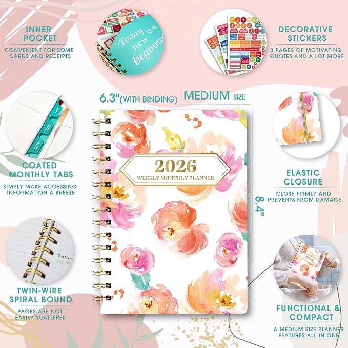 Ymumuda 2026 Planner, Daily Weekly and Monthly Planner，Jan 2026 - Dec 2026, 8.4" x 6.3", 2026 Calendar Planner Book with Tabs, Spiral Notebook with Inner Pocket for Office Home School Supplies