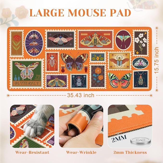 iCasso Insect Mouse Pads for Desk, Cute Computer Mat, XXL Desk Mat for Keyboard and Mouse, Aesthetic Bug Collage Mousepad with Stitched Edges, Keyboard Pad for Computer(Retro Orange)
