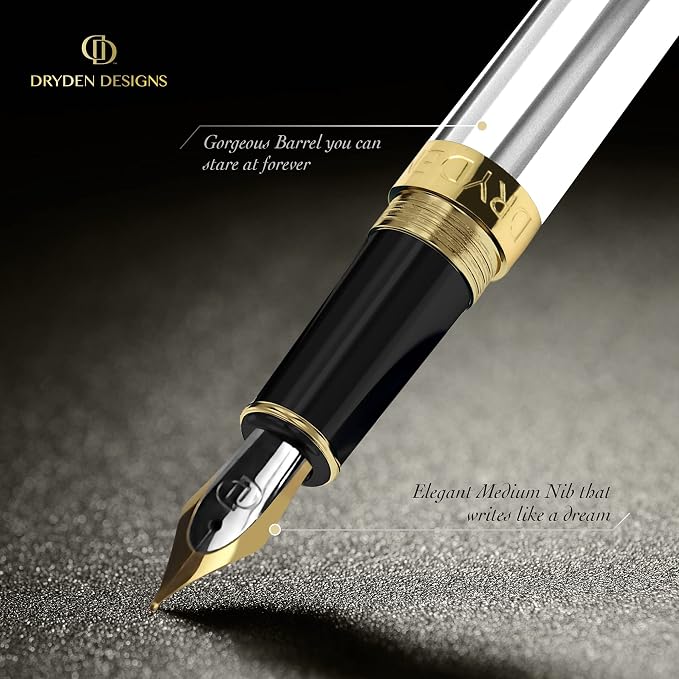 Dryden Designs Fountain Pen - Medium Nib and Fine Nib | Includes Luxury Box, 6 Ink Cartridges - 3 Black 3 Blue and Ink Refill Converter - Pearl White