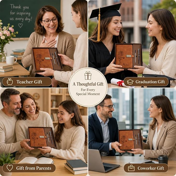 Personalized A5 Notebook Gift Set with Pen and Gift Box, Custom Name Birth Flower PU Leather Journal for Women, Writing Notebook for Work, Travel, Teachers, Mom and Friends (A)