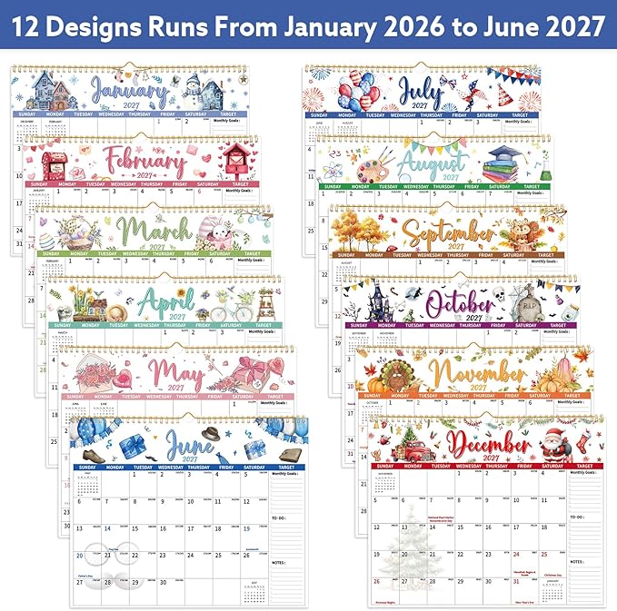 2026-2027 Wall Calendar, 14.5" x 11.8" 18 Month Watercolor | July 2026-December 2027 120Gsm FSC-Certified Paper Monthly Calendar, Twin-Wire Binding, Ruled Blocks, Holiday Reference