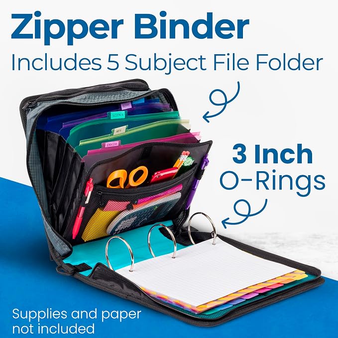 Case-it Mighty Zip Tab School Zipper Binder | 3-Inch O-Rings, 600-Sheet Capacity, 5-Subject Expanding File Folder, Multiple Pockets & Storage Organizer, Shoulder Strap | D-146 Spearmint | 6 Pack