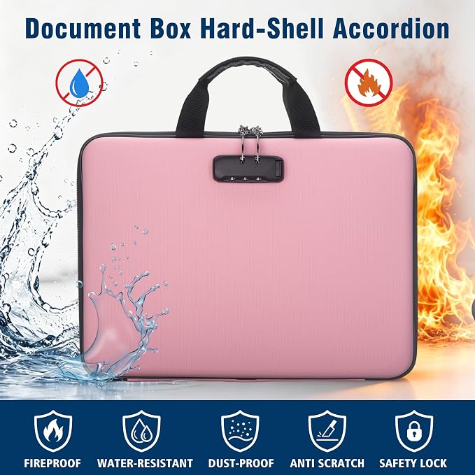 Fireproof Document Box with Lock, Hard-Shell Case Fireproof File Organizer with 13 Pocket Accordion File Folder, Portable Home Office Travel Safe Storage for Important Documents Laptop