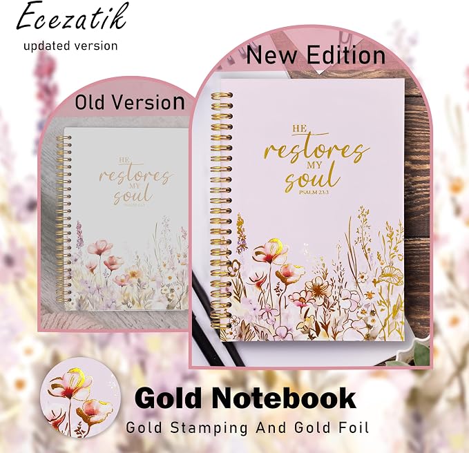 Christian Women's Notebook With Gold Foil, Christian Gift Diary, Women's Prayer Diary, Exquisite Bible Notebook, Psalm 23:3 "He Restores My Soul, 5.5 X 8.3
