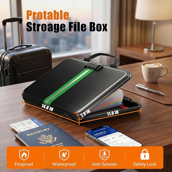 Fireproof Document Organizer with Lock, Rigid EVA File Box with 13-Pocket Accordion Folder for Important Documents & Tablets under 11", Lightweight Safe Storage for Home, Office & Travel (Small Size)