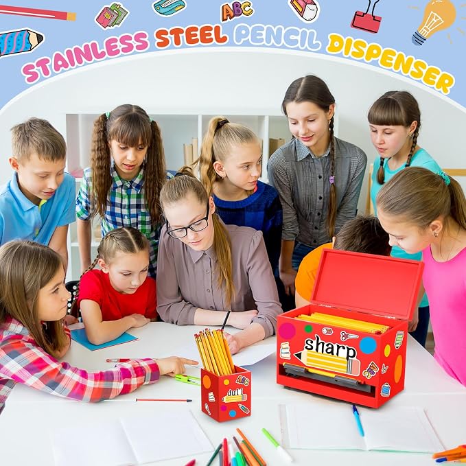 Mifoci 8 Pcs Wooden Pencil Dispenser Kit for Classroom Wooden Pen Holder Straw Dispenser Sharp and Dull Letter Stickers for Teachers Classroom Supplies Storage (Red)