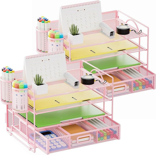 Marbrasse Desk Organizer and Accessories, 4-Tier Paper File Letter Tray Accessories & Workspace Desk Organizers with Drawer and 2 Pen Holders for School Home Office Supplies(Pink)-2P