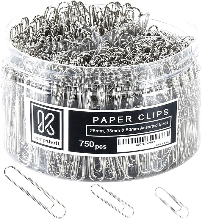 Kempshott 750 Paper Clips Assorted Sizes Small, Medium and Large Paper Clips for Paperwork Ideal for Home, School and Office Use (Assorted, Silver)