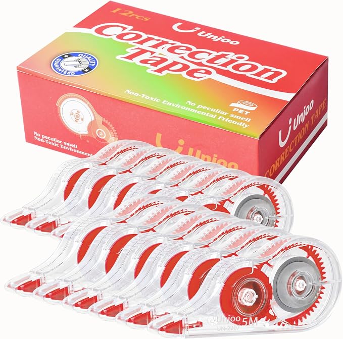 Unjoo White Correction Tape, For school, Office (12pack, 5M/196"x0.2", Red) | Easy To Use Applicator for Instant Corrections Wrong Writing At Any Time, Tear-Resistant Correction tape Bulk