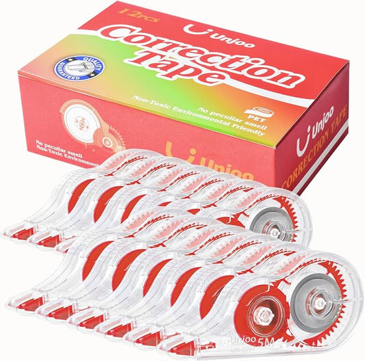 Unjoo White Correction Tape, For school, Office (12pack, 5M/196"x0.2", Red) | Easy To Use Applicator for Instant Corrections Wrong Writing At Any Time, Tear-Resistant Correction tape Bulk