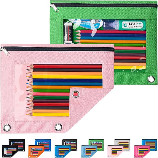 Sooez Pencil Pouch for 3 Ring Binder, 2 Pack Binder Pencil Pouch with Clear Window Pencil Bags with Zipper & Reinforced Grommets, Pencil Case for binder Pink & Green