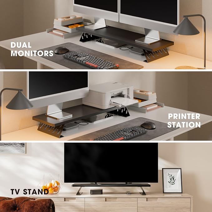 Fenge Monitor Stand Riser, Wooden & Metal Desk Shelf Organizer, Black | 31.5 Inch Computer Stand for Compact Work Station, Multifunctional Monitor Shelf for Laptop, PC, Printer