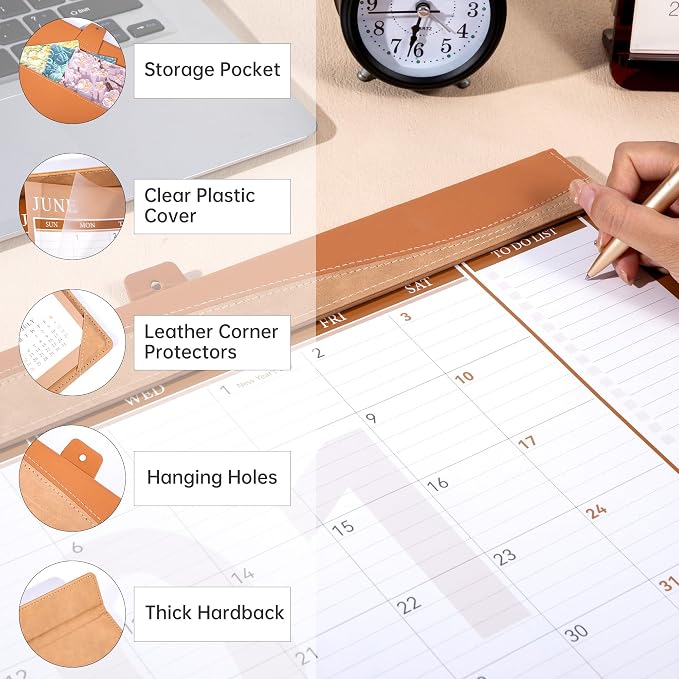 Yoment Desk Calendar 2026-2027 with Desktop Mat, Large Desk Pad Calendar from Now to December 2027, 18 Months Leather Desktop Wall Calendar with Plastic Cover for Home Office School,17x 12,Brown
