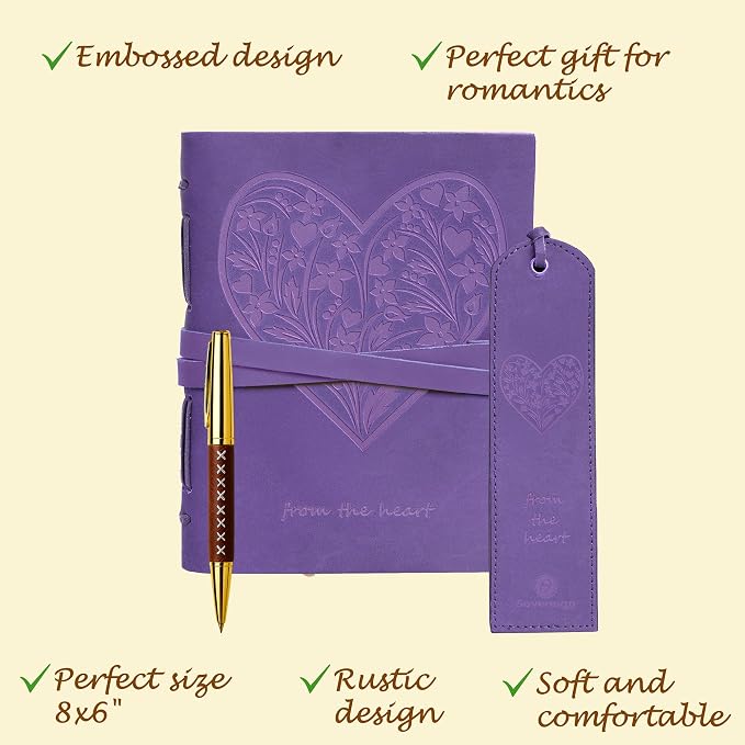 Sovereign-Gear Purple Heart Leather Journal Gift Set – Embossed Buffalo Leather Notebook + Bookmark & Pen - Romantic Writing Journal for Women - Premium Gift Box for Valentine’s, Anniversary, Birthday