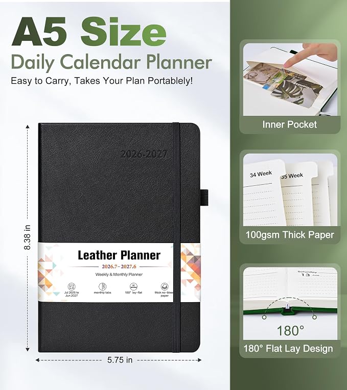Planner 2026-2027, Academic Weekly and Monthly Calendar Planner from July 2026 - June 2027, Hardcover Leather Daily Agenda Book with Tabs, College School Organizer for Student Teacher, A5 (5.75" x 8.38"), Black