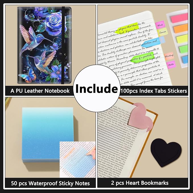 A5 Leather Lined Journal Notebook, 200 Pages Hardcover Executive Notebook for Men Women Office School Note Taking, Thick Writing Paper Daily Journal with Bookmarks/Indexes,Blue Hummingbird Flower