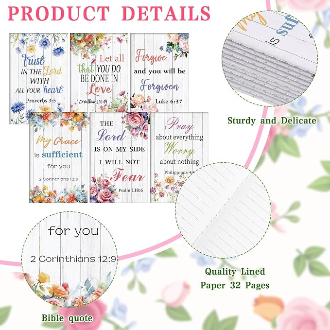 Colarr 12 Sets Christian Bulk Gifts for Women Bible Verse Pens Notebooks Religious VBS Scripture Ballpoint Pens Bookmarks Journal for Easter Sunday School Church Inspirational Supply(Novel Flower)
