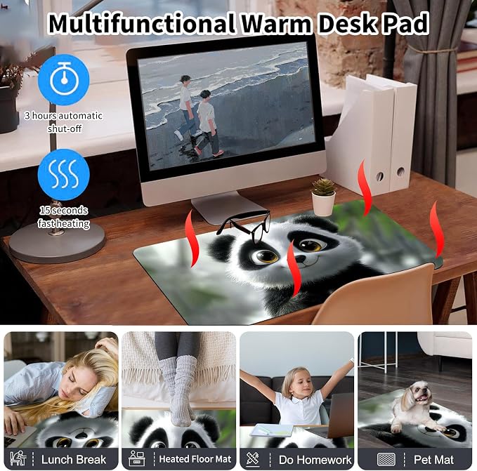 Heated Desk Pad Mouse Pad,Heated Desk Mat,with 3 Heating Levels & 3 Hours Auto Shut-Off,Leather 23.6"*14.2" Gaming Mouse Laptop Mat,Foot Warmer,Cute Panda Snow