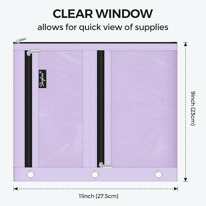 SKYDUE Pencil Pouch for 3 Ring Binder, 3 Compartment Zipper Pencil Case, Large Capacity Pen Organizer with Clear PVC Window for School Supplies, Students, Kids & Teachers