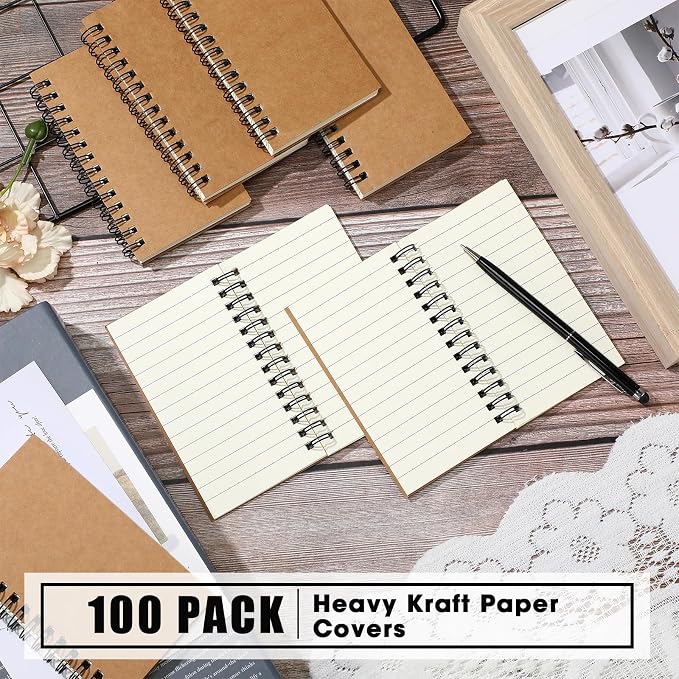 Jutom 100 Pcs Small Spiral Notebooks Memo Pads 3x5 Bulk Small Pocket Notepads Back to School Supplies Mini Notebook with Lined Mini Journals for Office & Work, 120 Pages (Kraft Color)