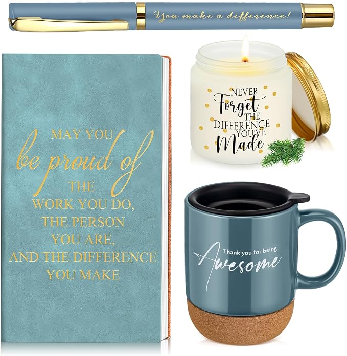 Sayglossy 4 Pcs Thank You Gifts Set for Men Back to School Teacher Appreciation Gift Leather Notebook Inspirational Coffee Mug Scented Candle Ballpoint Pen for Male Employee Coworker Nurse Boss, Blue