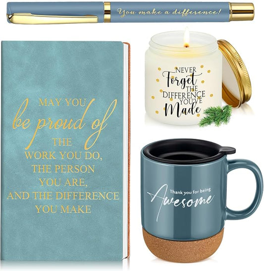 Sayglossy 4 Pcs Thank You Gifts Set for Men Back to School Teacher Appreciation Gift Leather Notebook Inspirational Coffee Mug Scented Candle Ballpoint Pen for Male Employee Coworker Nurse Boss, Blue