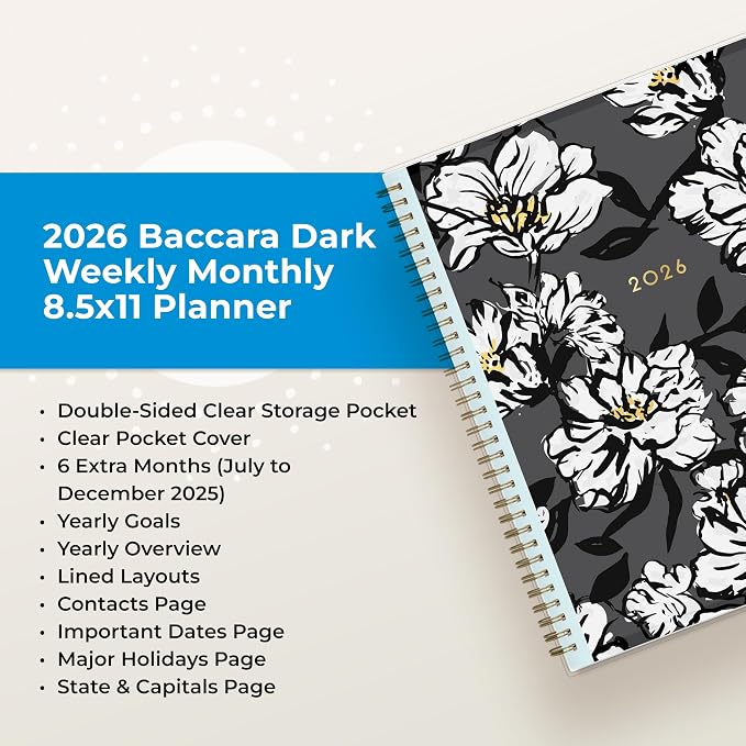Blue Sky 2026 Weekly & Monthly Planner Calendar, 8.5"x11", Baccara Dark | January 2026 - December 2026, Clear Pocket Cover, Durable Twin Wire Binding, Laminated Tabs, Storage Pocket