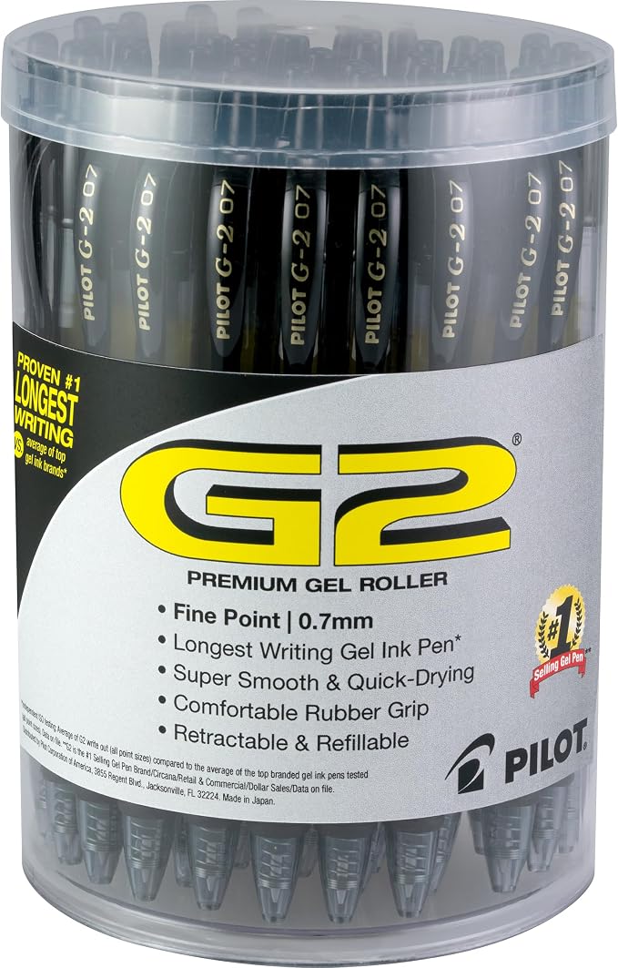Pilot G2 Premium Gel Pens, Black Pens, Fine Point 0.7 mm, Tub of 48, Black