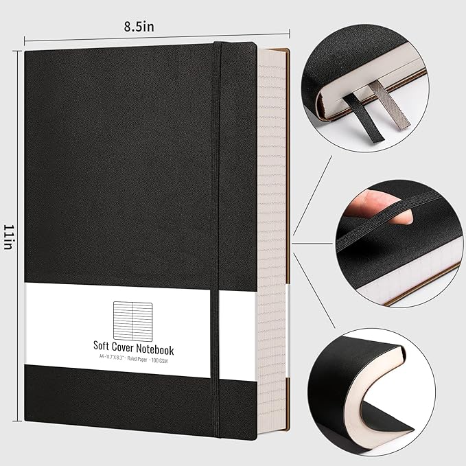 AHGXG College Ruled Notebook, 320 Pages, Large Journal A4 (8.5''×11') | Thick Lined Notebook for Note Taking, 100GSM Paper, Leather Softcover, for Women Men (Black)