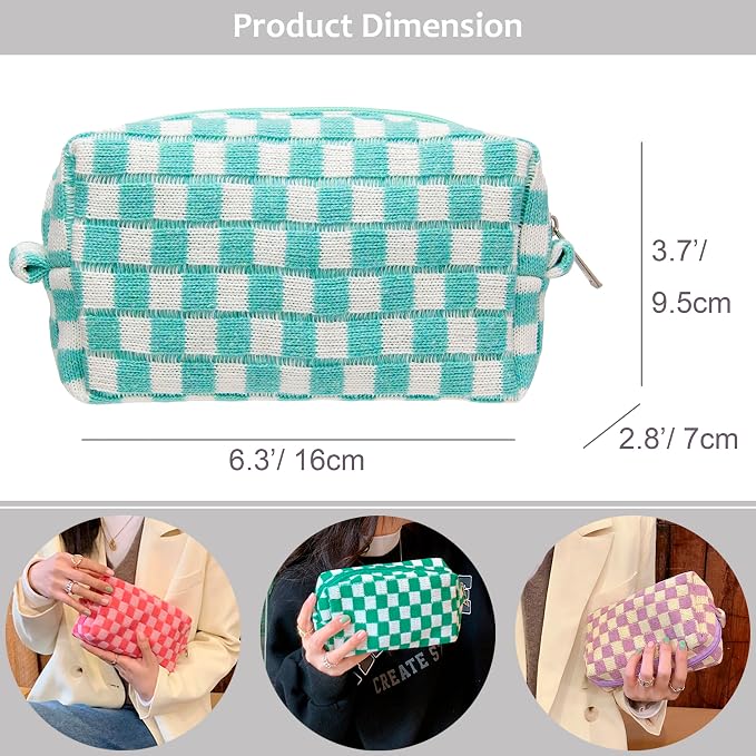 Checkered Makeup Bag for Purse, Small Travel Cosmetic Pouch,Arctic Blue | Cute Zipper Makeup Organizer for Women, Travel Essentials, Toiletries, Makeup Brushes, Beauty Accessories&Bridesmaid Gifts
