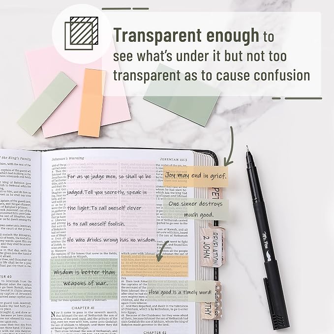 Mr. Pen- Transparent Sticky Notes Set, 200 Sheets | Transparent Sticky Notes and Planner Tabs with Black Fineliner Pen for Bible Study, Office, School, Planning